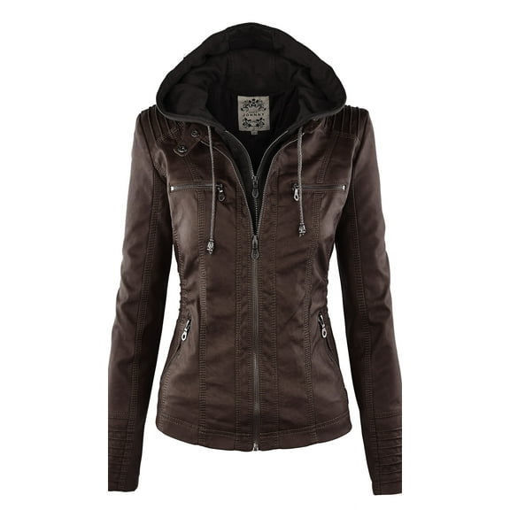 Made by Johnny Women's Removable Hoodie Motorcyle Jacket XL COFFEE