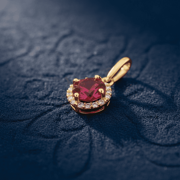 Vinali Solid 14K Yellow Gold Halo Round Simulated Ruby Pendant