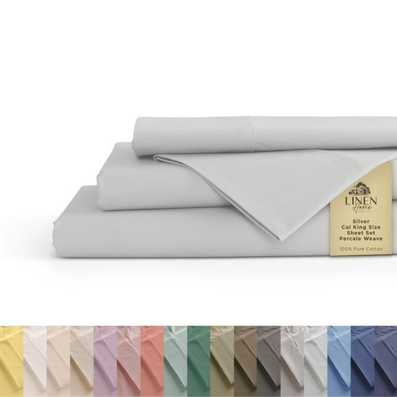 Draps en Percale 100 % Coton Taille California Très Grand, Argent, Poches Profondes, Ensemble de Draps 4 Pcs - 1 Drap Plat, 1 Drap-Housse à Poches Profondes et 2 Taies d'Oreiller, Linge de Lit Frais et Solide