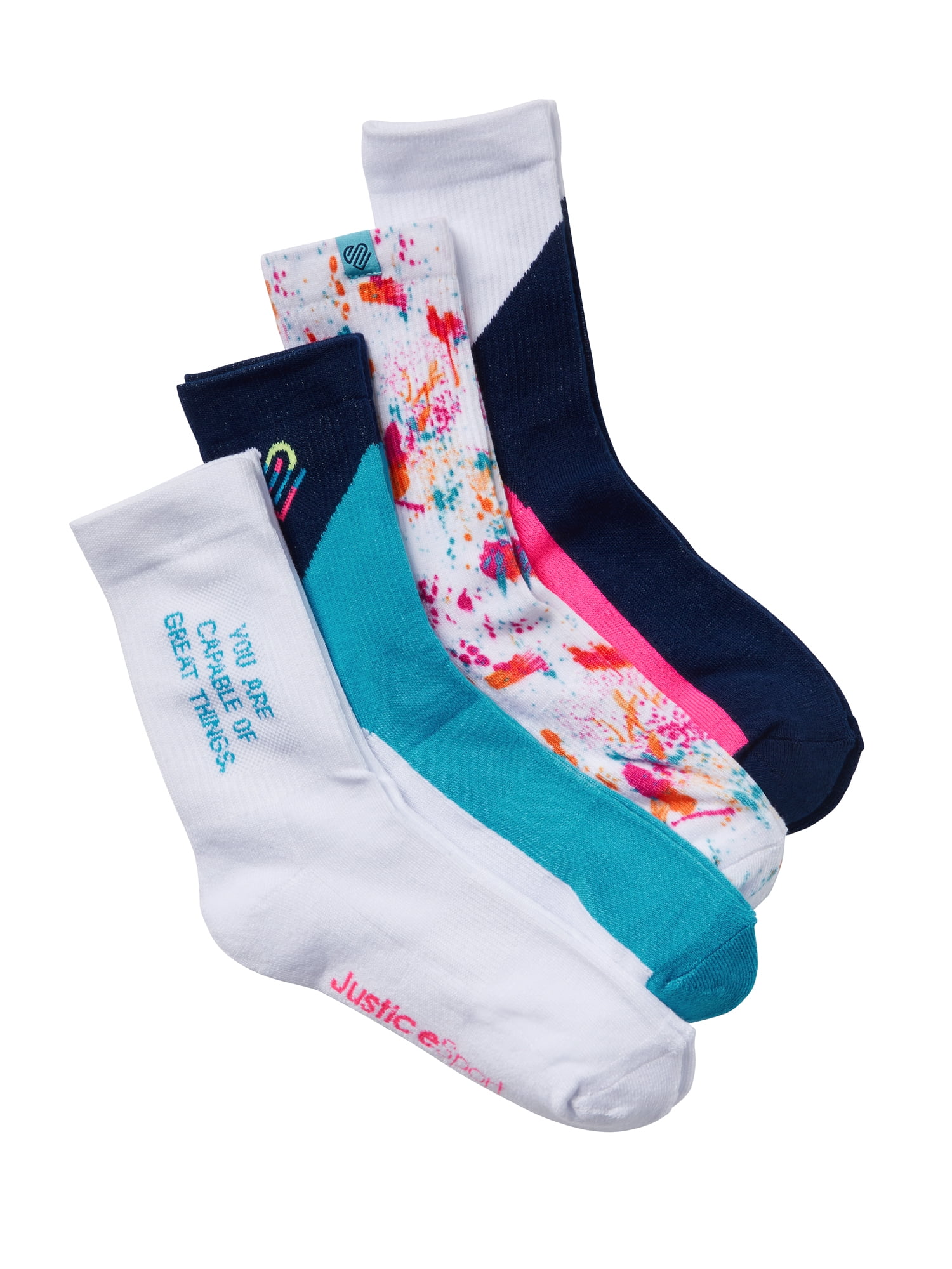 Justice Girls Crew Socks, 4-Pack, Sizes M-L