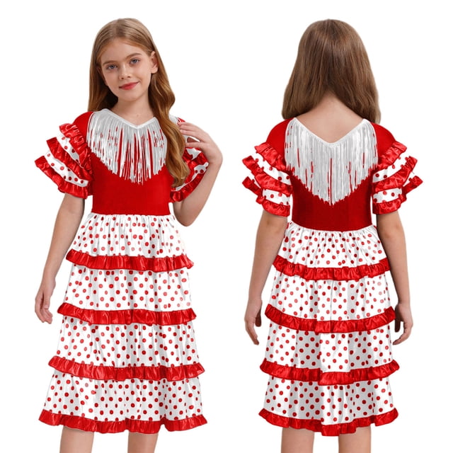 RUNQHUI Robe de Festival pour Filles Robe Flamenco Espagnole à Franges Jupe Maxi Lyrique à Volants Blanc 8