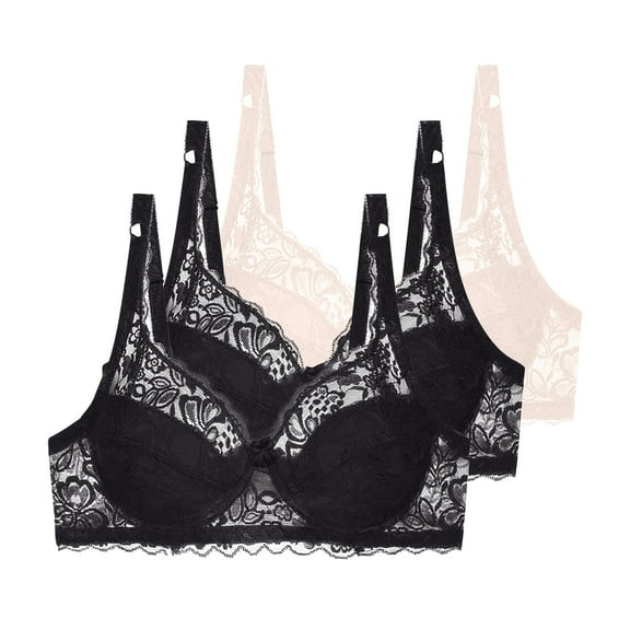 Riecok Underwire Bras for Women Plus Size Lace 3 Pack Underwire Bras Full Coverage Push Up Bras Breathable Comfortable Bras