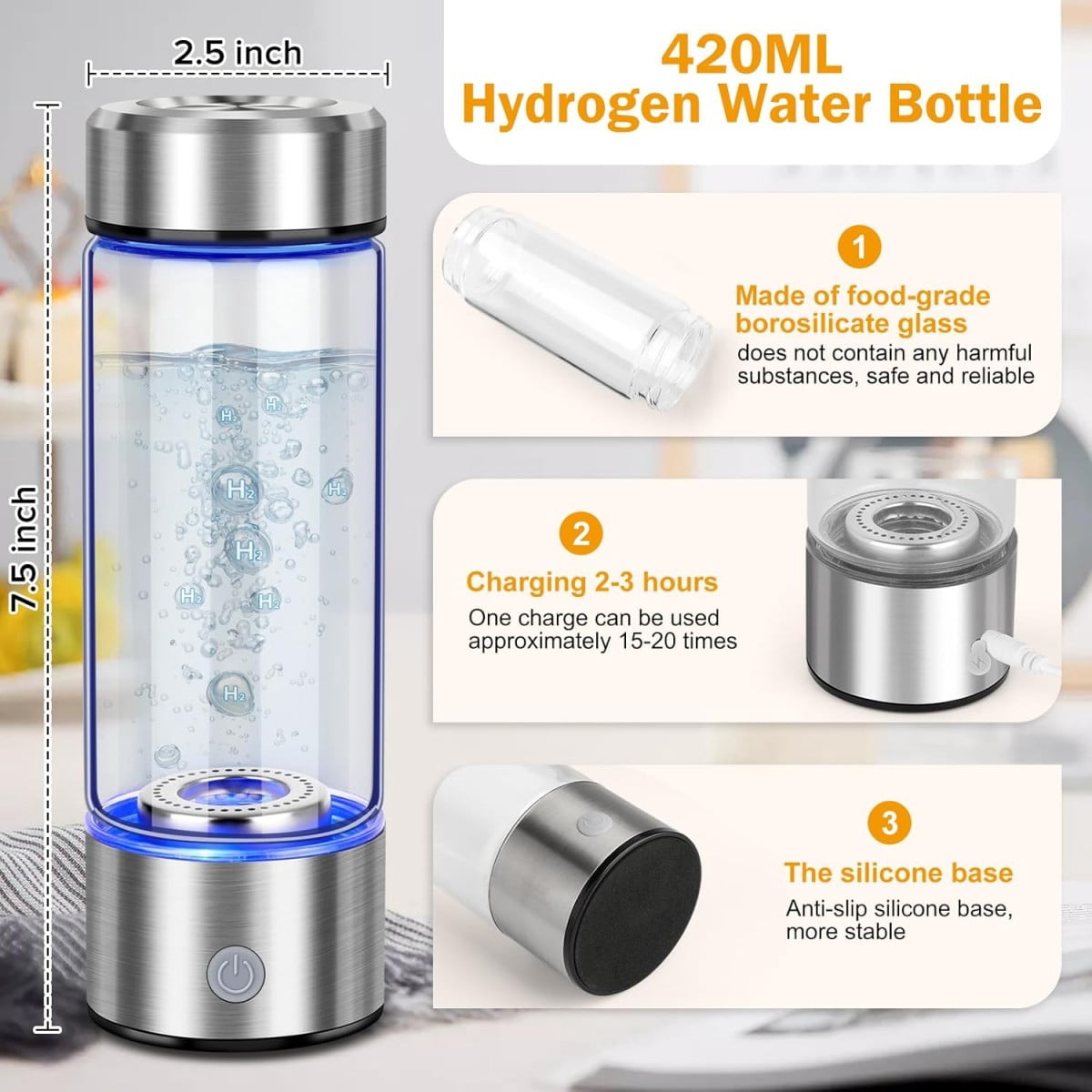 Portable Hydrogen Water Bottle Generator - 420ml SPE/PEM Technology, USB Rechargeable, Alkaline Hydrogen-Rich Water for Health, Travel, Gym & Office Use