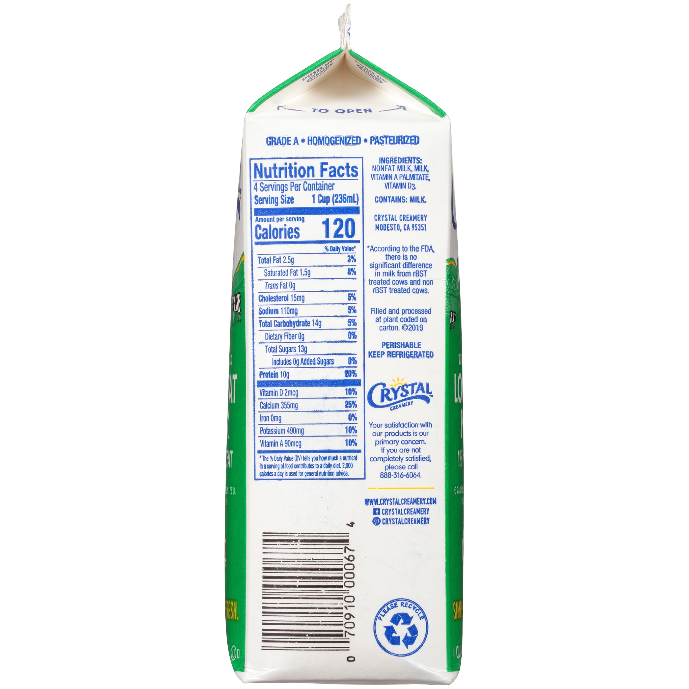 Crystal Creamery Fresh 1% Low-Fat California Milk, 32 oz Carton