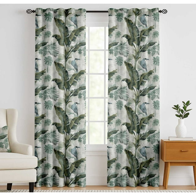 Vargottam 84 Inch Pockets/Tab Cotton Curtains for Windows and Doors- Light Filtering Cotton- Light Filtering Drapes For Doors- Set of 2 Panels, 52"x84"- Tropical Leaves And Bird Print (Green)