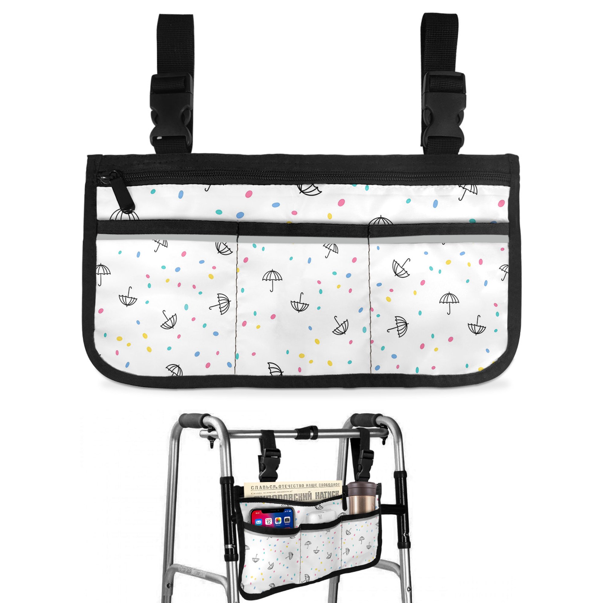 Summer Scattered Umbrellas Wheelchair Side Bag with Cup Holder, Modern Minimalist Yellow Blue Dots Wheelchair Armrest Bag Storage Pouch Adults, Seniors for Walkers, Rollator, Scooter