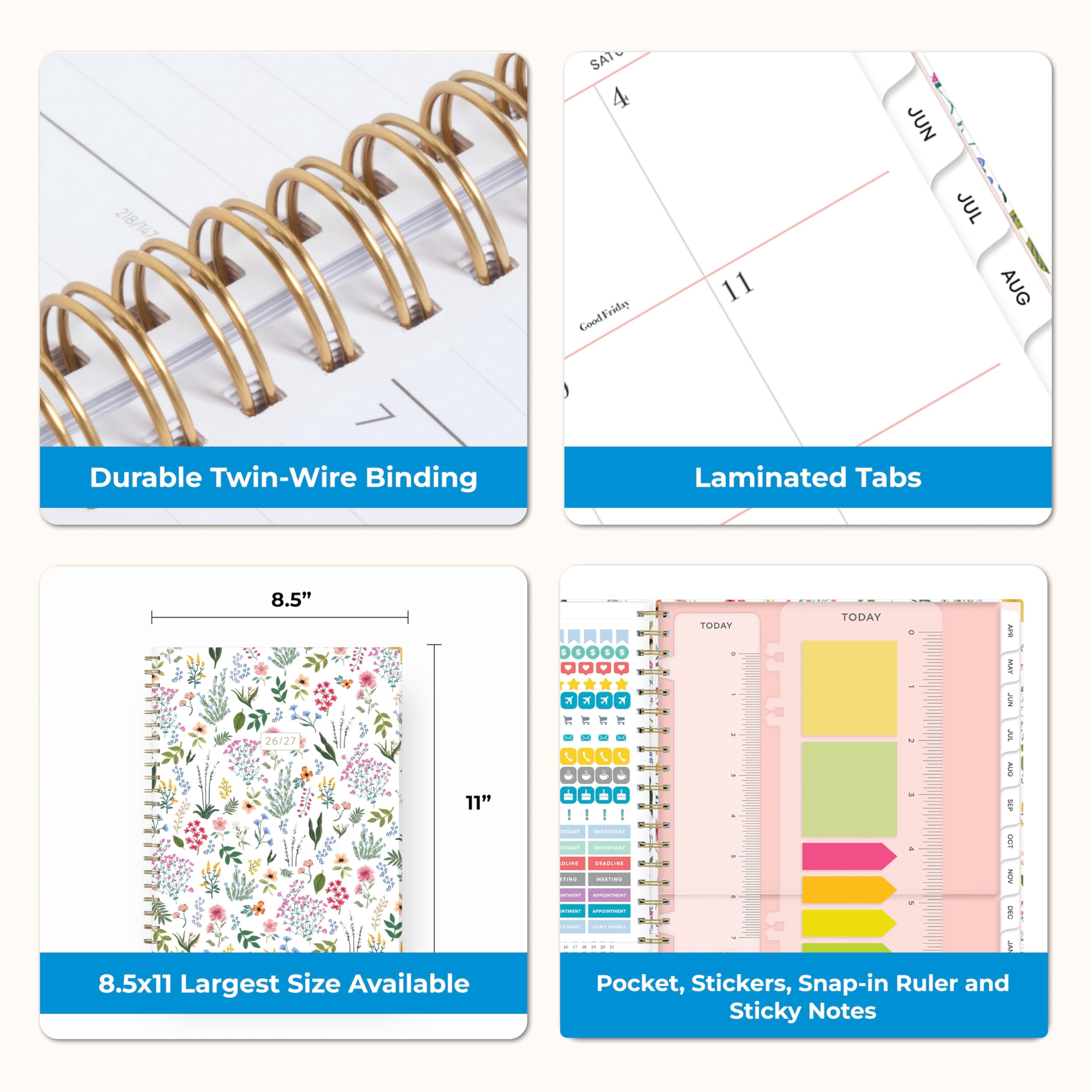 Blue Sky 15 Month 2026-2027 Weekly and Monthly Academic Year Planner Calendar, April 2026 - June 2027, 8.5" x 11", Storage Pocket, Snap-in Ruler w/Sticky Notes & Sticker Sheet, Londonberry White