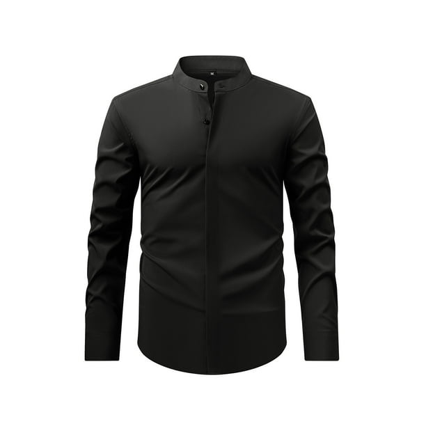 Blusa y camisa de cuello alto de manga larga para hombre, moda masculina, color liso, cuello alto, cárdigan, camisa de negocios, botones, blusa de poliéster para hombre