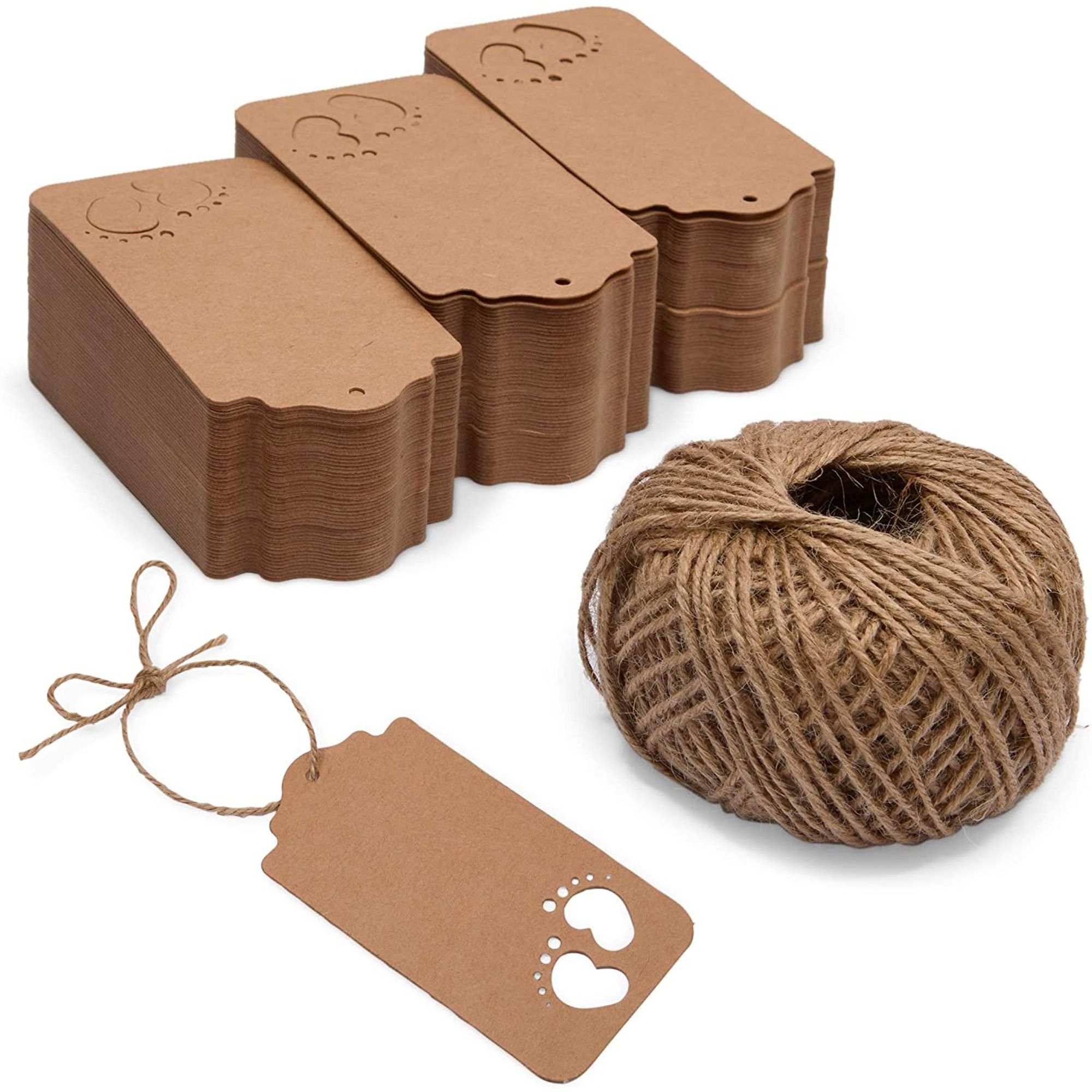 300 Pcs Brown Kraft Paper Gift Tags with String for Baby Shower Party Favors, Baby Feet Hollowed