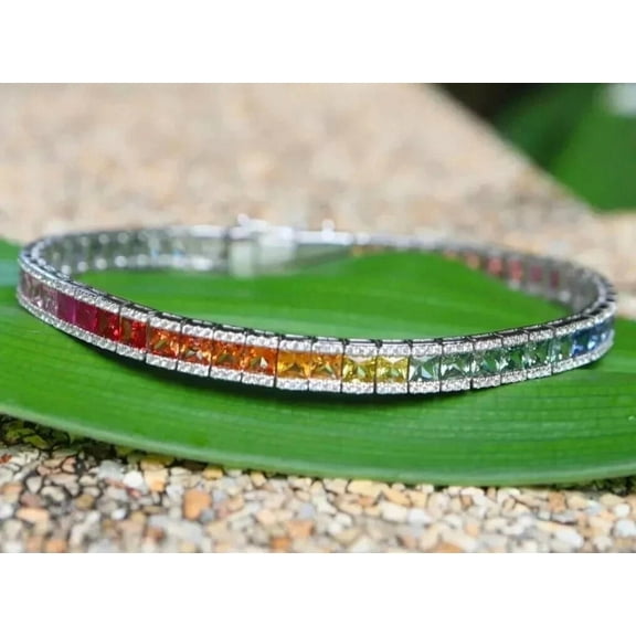 Radiant Jewelry 20Ct Princess Cut Rainbow Sapphire Tennis Bracelet for Women 14k White Gold Plated 7.5" Bracelet