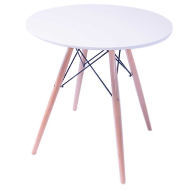 mesa eames rack & pack eames redonda blanca mesa redonda tipo Eames con superficie blanca mate y patas cónicas de madera clara unidas por refuerzos metálicos negros, vista frontal 3/4; fácil de armar, soporta hasta 50 kg, ideal para interiores y adecuada como mesa auxiliar o para comedor pequeño.