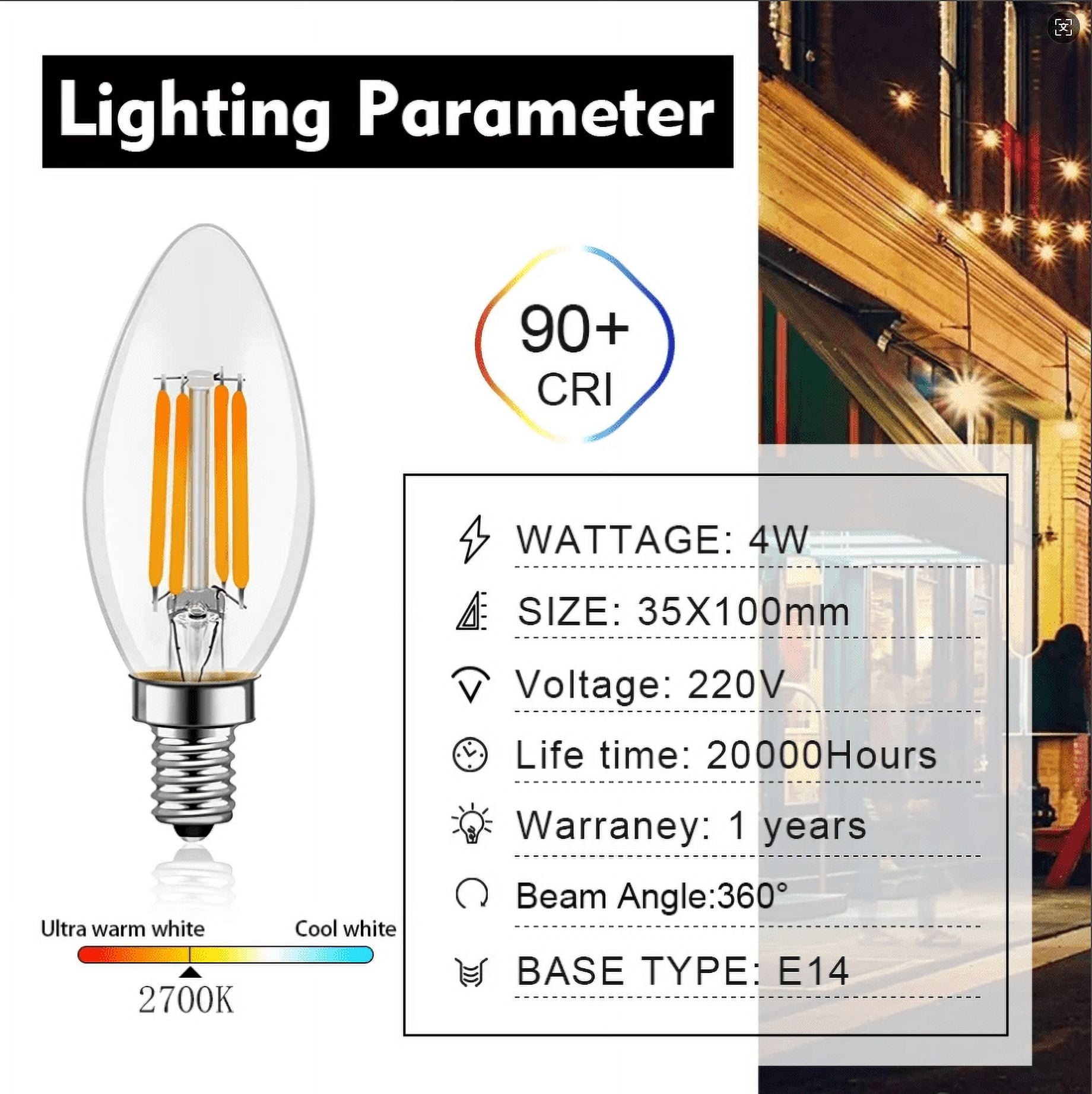 Centurylight E12 LED Candelabra Light Bulbs C35, 6W Equivalent 60W, Dimmable Candle Bulb, 2700K Warm White, C35 LED Filament Light Bulb Clear Glass, 10 Pack