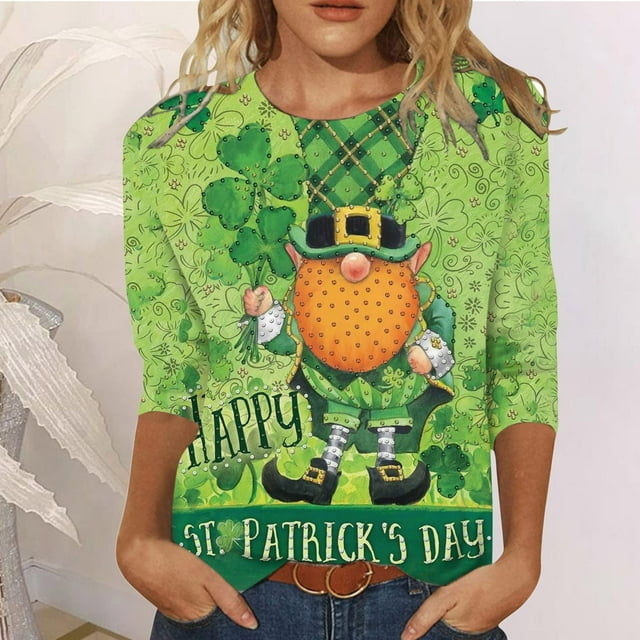 Hauts de Sortie Mode Femme T-shirt Imprimé Jour de la Saint-Patrick Manches 3/4 Blouse Col Rond Hauts Décontractés Hauts de Sortie pour Femmes Été en Liquidation