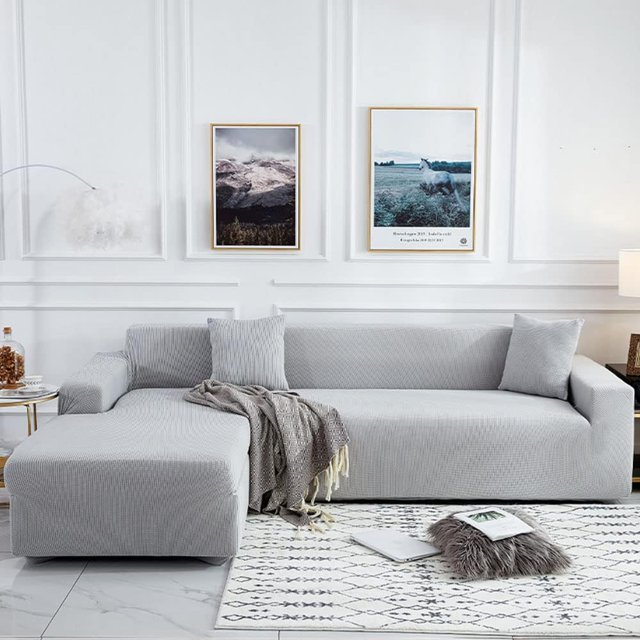Housse de Canapé Sectionnelle 2 Pcs en Polyester Extensible en Forme de L Couleur Unie Douceur - Gris 2-2 Places + 3 Places