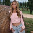 thumbnail image 4 of Cárdigan Corto de Punto Acanalado con Botones y Larga para Mujer, Estilo Y2K, Ajustado, con Cuello Redondo, Camiseta de Otoño Rosa M, 4 of 10