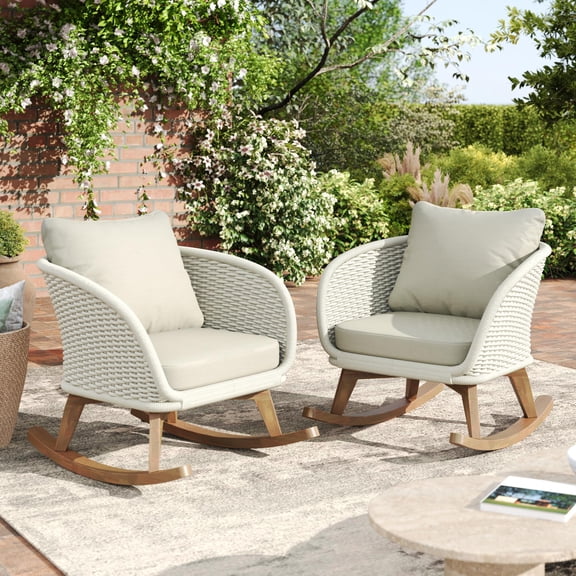 Outdoor Rocking Chairs Set of 2, 29.5'' Contemporary Beige Wicker with Cushions, for Patio/Balcony/Living Room | Beige Natural | Solid Wood