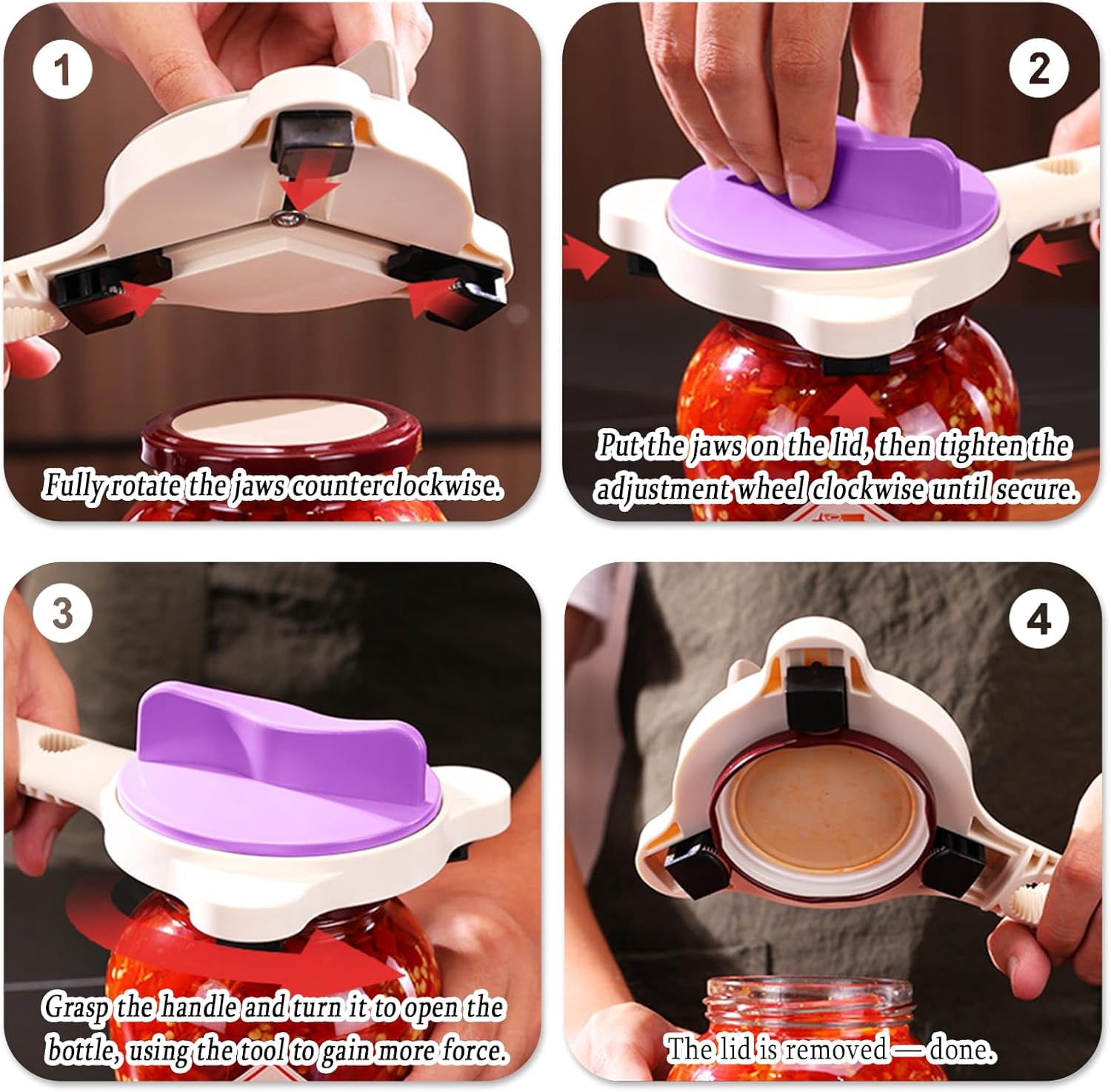4-in-1 Adjustable Jar Opener | Non-Slip Grip Cap Opener for Seniors and Weak Hands, Multi-Purpose Lid Tool for Jars, Cans, and Wine Bottles