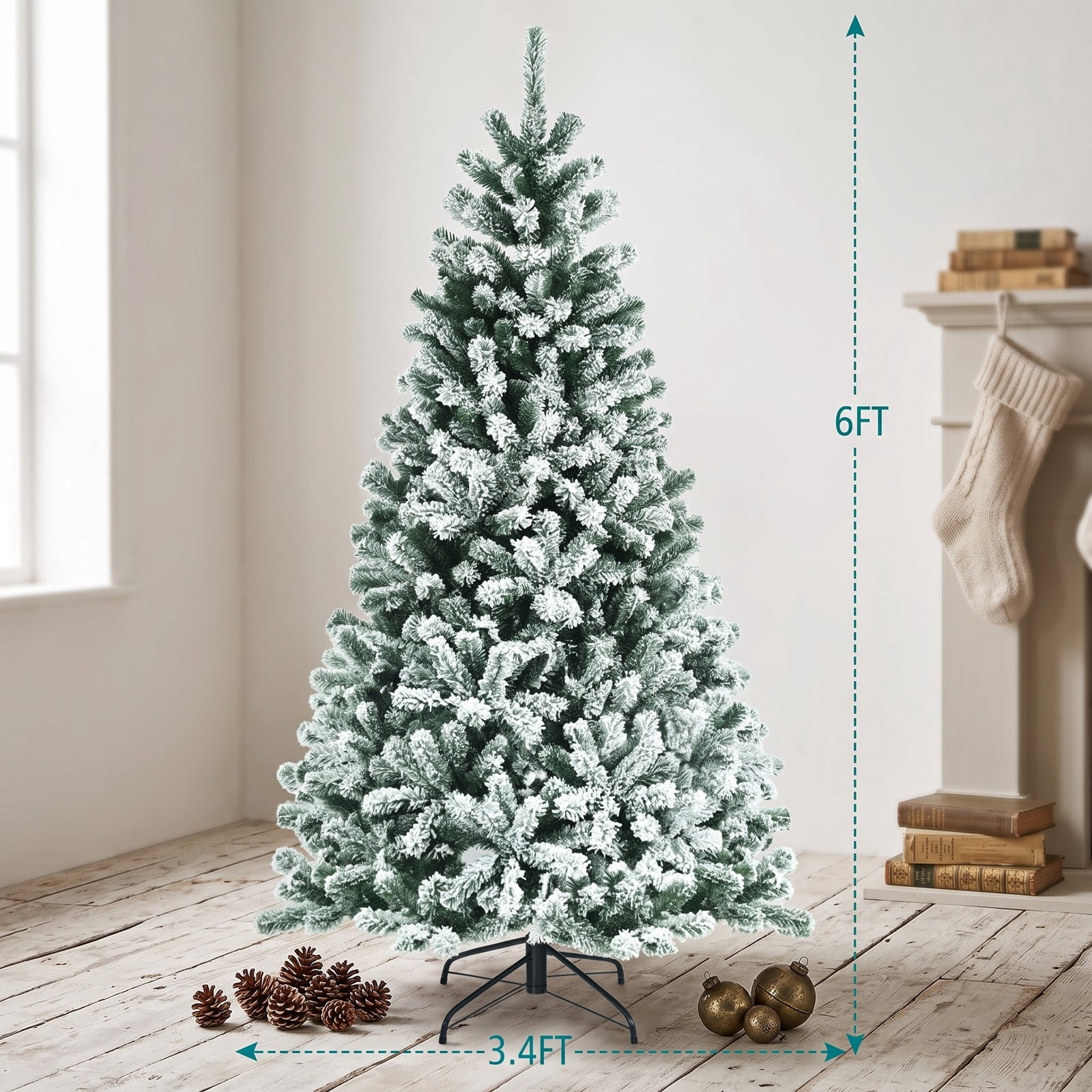 RUIE 6 FT Pre-Lit Snow Flocked Christmas Tree, Artificial Hinged Xmas Tree with 928 Branch Tips, 650 Warm White LED Lights and Foldable Metal Stand for Holiday, Green