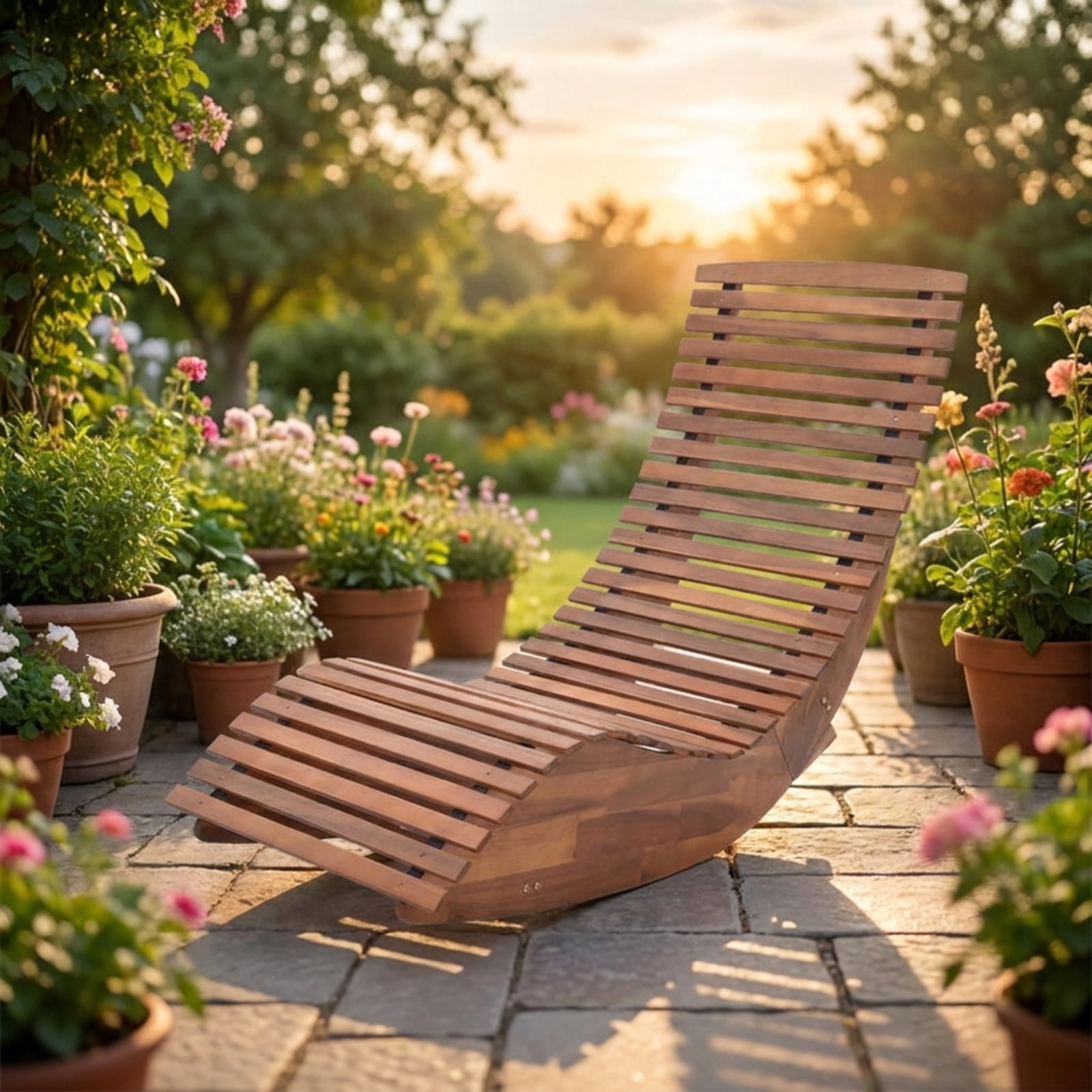 Biotree Outdoor Rocking Chair Acacia Wood Rocker with Widened Slatted Seat and High Back for Porch Patio and Garden as a Sturdy Wooden Rocking Chair, Natural