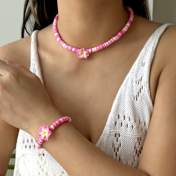 SKQIT Hawaiian Plumeria Rubra Necklace Bracelets Bohemian Polymer Clay Beaded Stretch Necklace Bracelet set for Women Tropical Flower Summer Beach Boho Jewelry