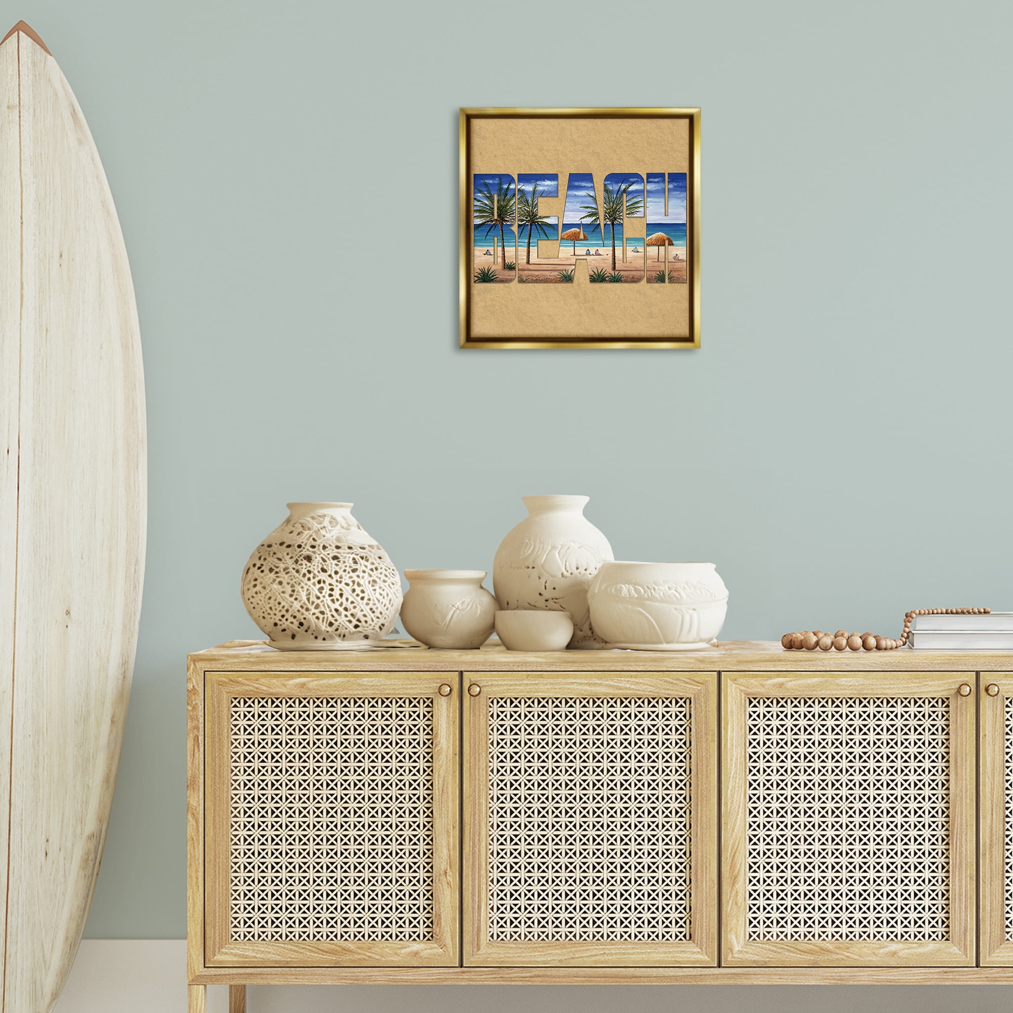 Stupell Industries Tropical Beach Typography Nautical & Beach Painting Gold Floater Framed Canvas Art Print Wall Art, 18 x 18