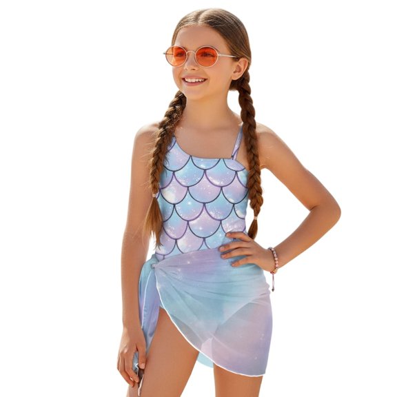 Tutolipy Mermaid Scales Pattern Girls' One Piece Swimsuit with Cover Up, Mesh Fabric Removable Bra Adjustable Strap Girls Swimsuit for Swimming 15-16 Years Old