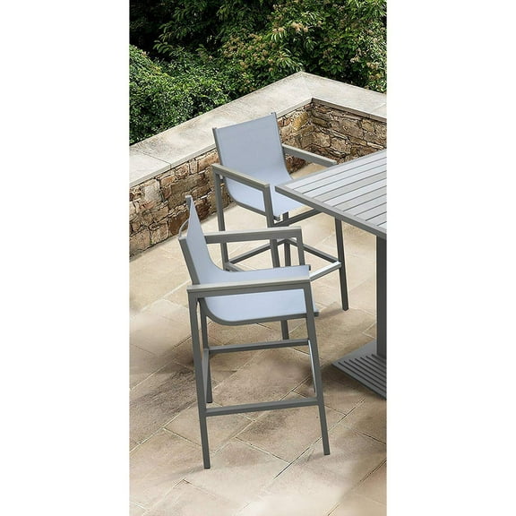 Outdoor Bar Stool Patio Furniture Grey Sling Seat Wood Arms Bar Height