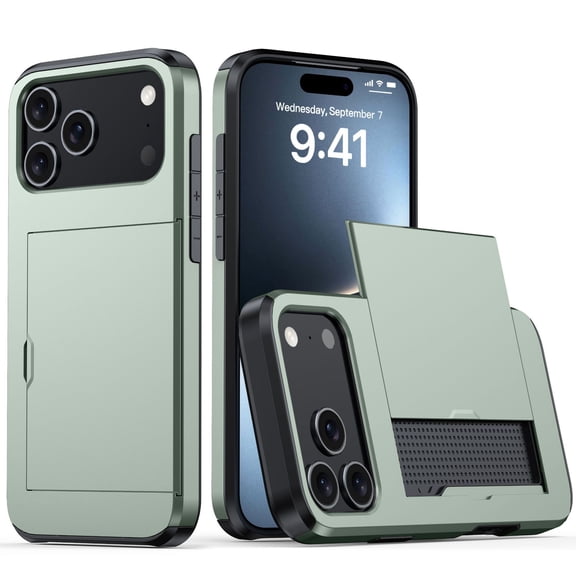 for iPhone 17 Pro Max Case with Card Holder (4 Cards) [RFID Blocking] & Slide Lens Cover, Military Grade Drop Protection, Rugged Hard Back & Silicone Edge Wallet Phone Case 6.9" 5G 2025, Green
