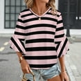 thumbnail image 3 of Pink And Black Horizontal Stripes Women's V-Neck Blouse With 3/4 Ruffled Bell Sleeves Casual Top Ladies Blouses, 3 of 7