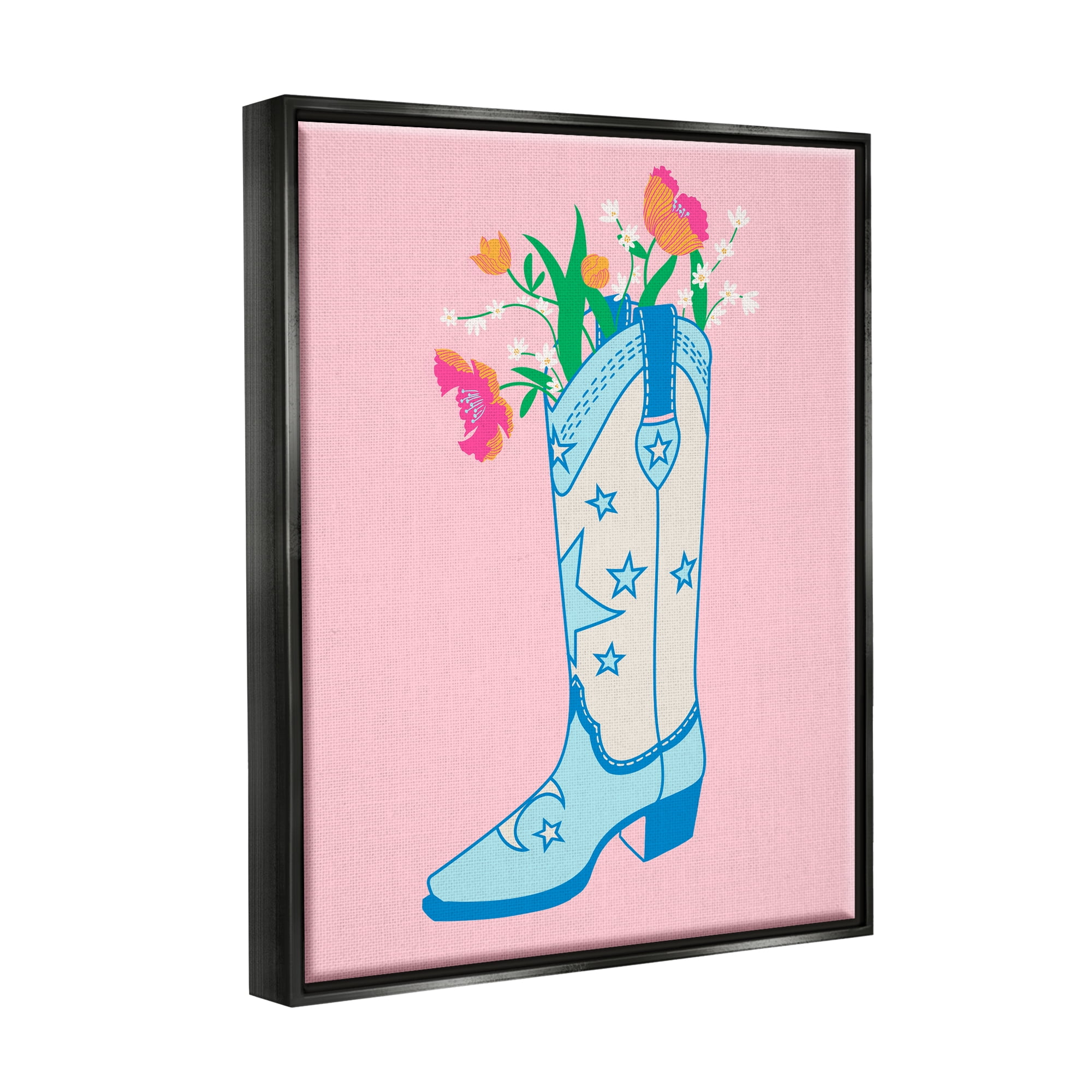 Stupell Industries Pink Floral Cowgirl Boot Botanical & Floral Painting Black Floater Framed Canvas Art Print Wall Art, 17 x 21