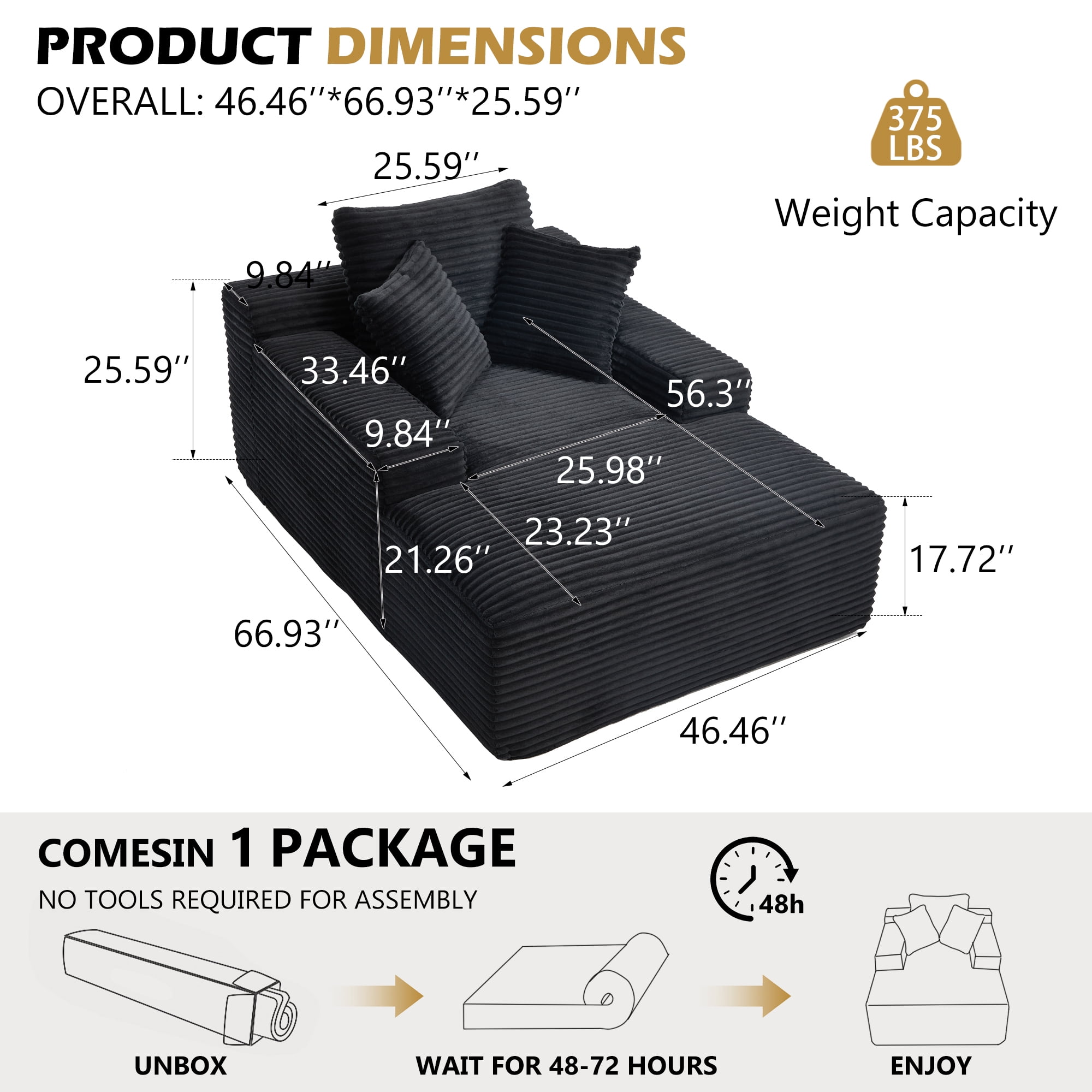 Leumius 67'' Oversized Chaise Lounge Chair Indoor,Cloud Plush Velvet Upholstered Deep Seat Sofa Bed with Back Cushion & Pillows,Cozy Sleeper Sofa Couch for Living Room, No Assembly Required,Black