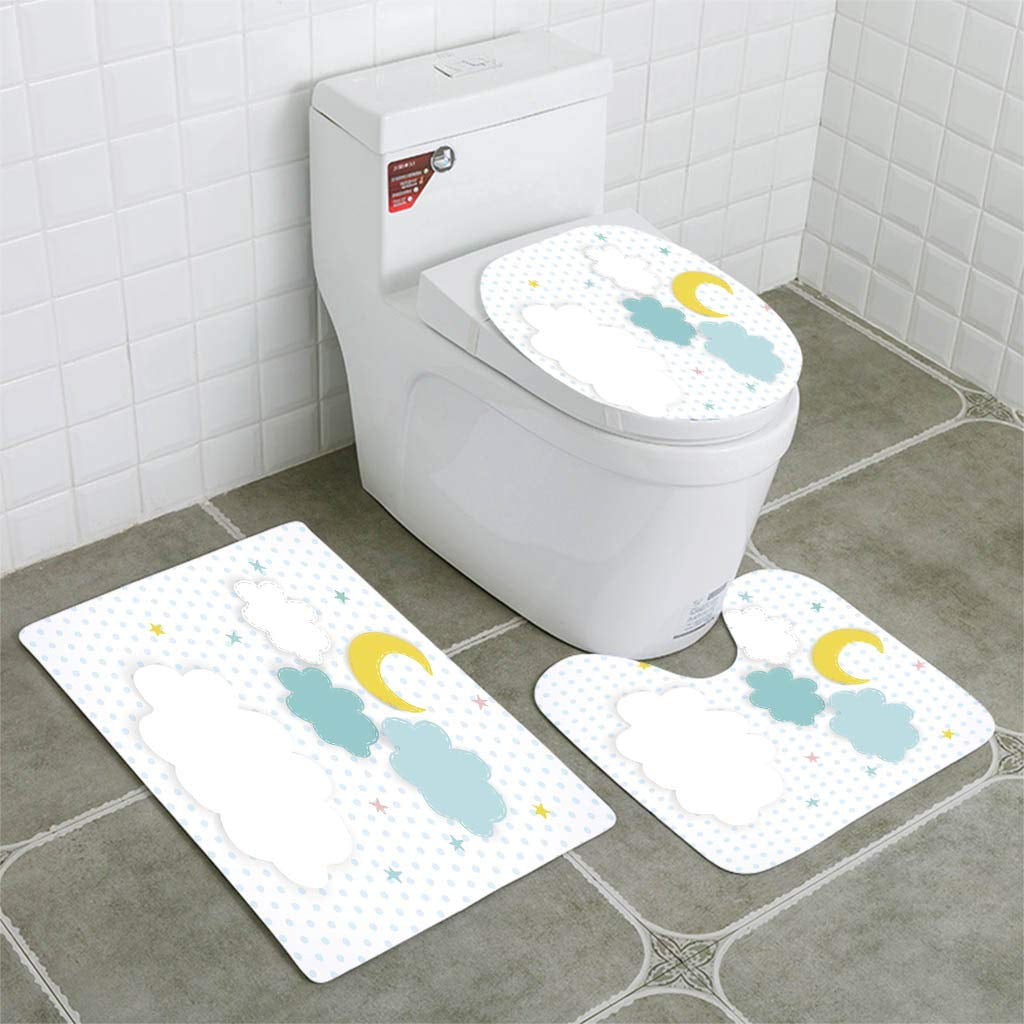 PUDMAD Kids Moon Clouds and Stars 3 Piece Bathroom Rugs Set Bath Rug Contour Mat and Toilet Lid Cover