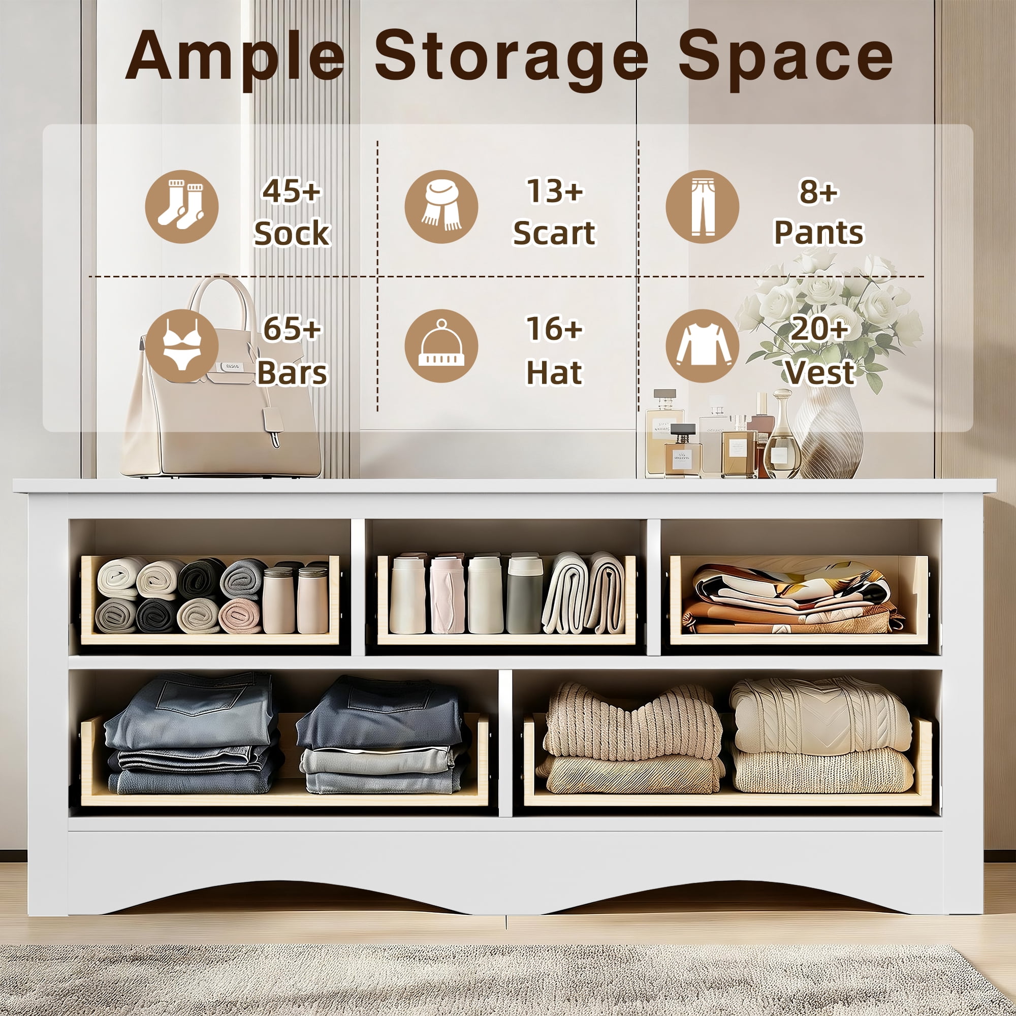 Homall 5 Drawer Double Dresser, Modern Wood Chest of Drawer for Living Room Bedroom,White