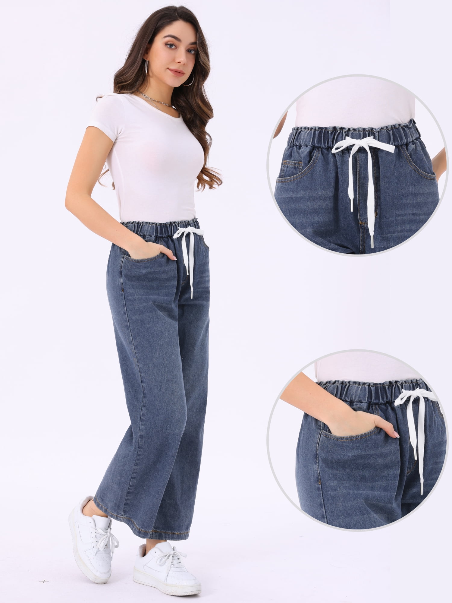 DARING DIVA Women's Trendy Elastic Waist Wide Legs Drawstring Jeans XL Grey Blue