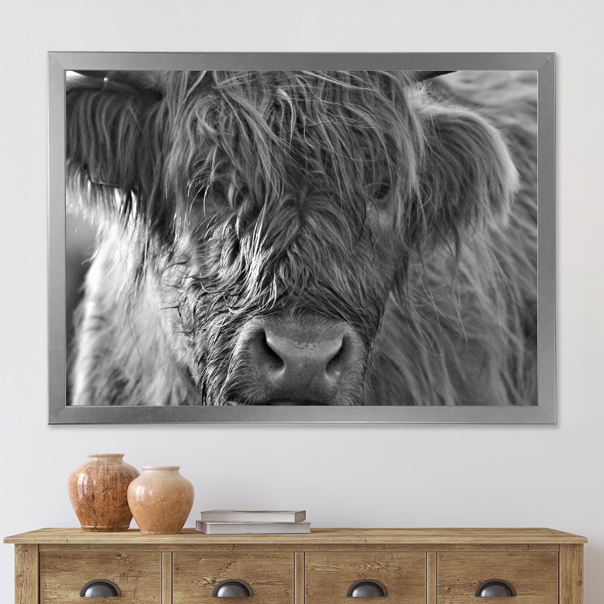 Designart 'Close Up Scottish Highland Cows Living On Moorland' Farmhouse Framed Art Print