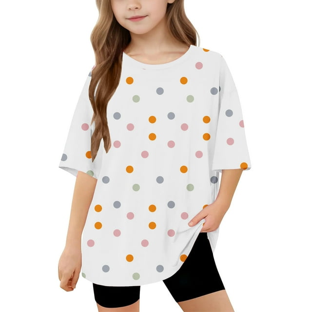 MKOSPLRT 5-15 Ans T-Shirts Amusants pour Fille T-Shirts Surdimensionnés à Manches Courtes Col Rond T-Shirts Graphiques à Pois T-Shirts d'Été Légers