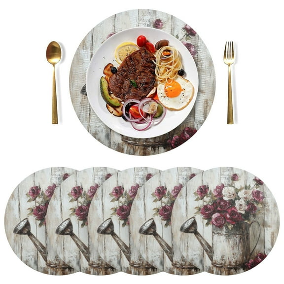 Qxltty 15inch Round Placemats Set of 6 Polyester Fabric Heat Resistant Washable Table Mat for Kitchen Party Decor Burgundy Roses
