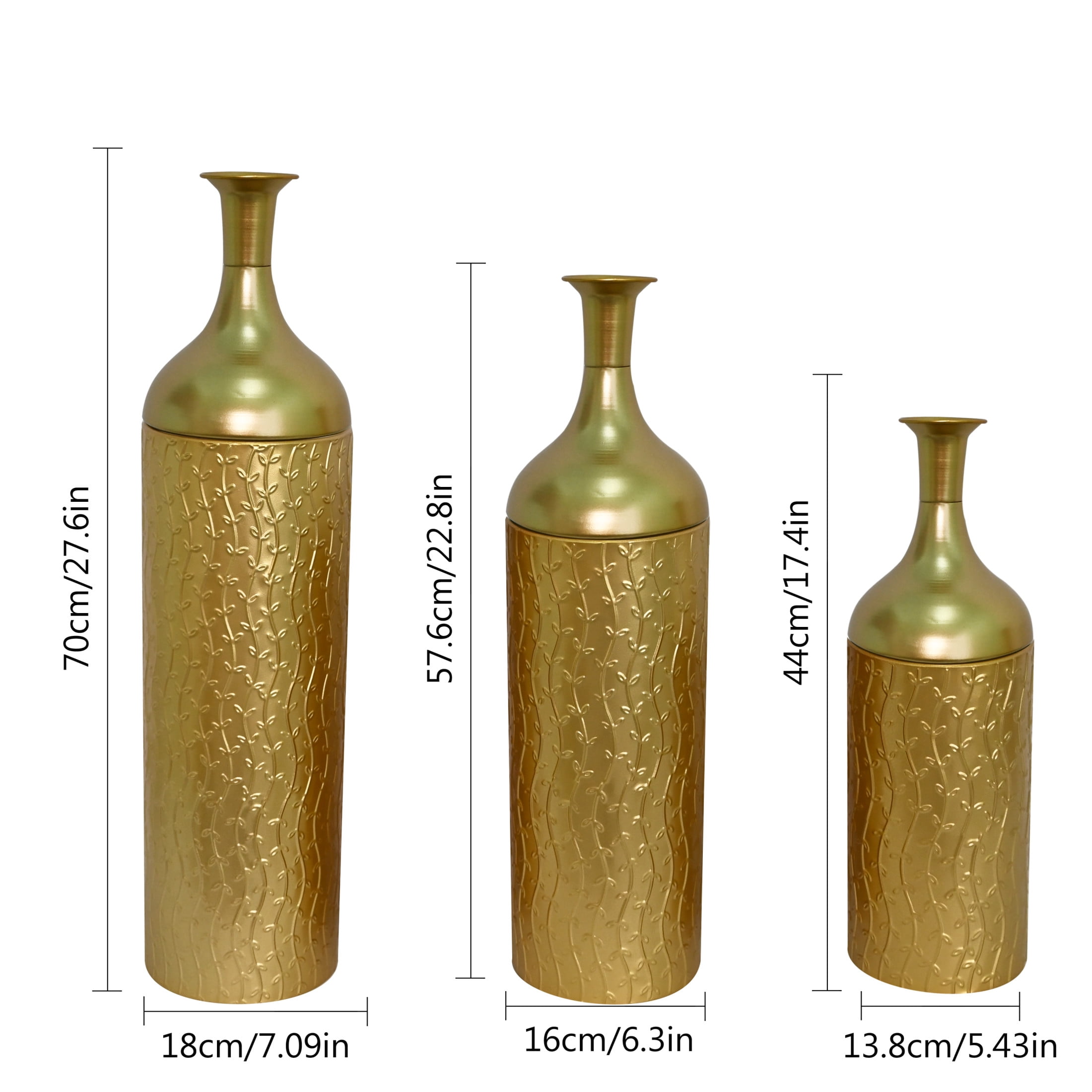Noble House Set of 3 Decorative Metal Floor Vases, Leaf Pattern Tall Vases, Gold