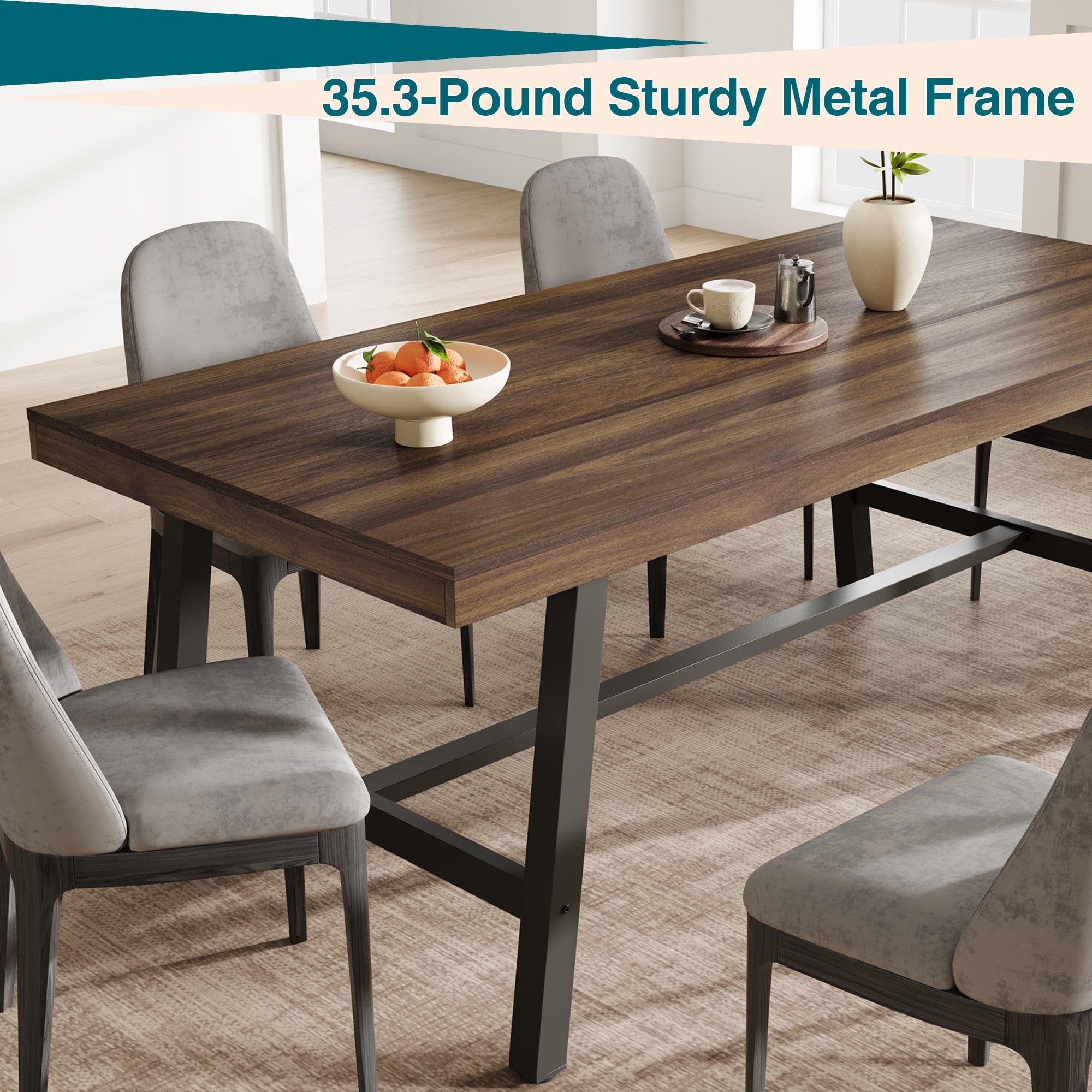Industrial Dining Table for 6-8 People, 70.87" Long Wooden Kitchen Table with Sturdy Metal Frame & Black Finish, Seats 6 Rectangular Counter for Dinner, Kitchen, Dining Room