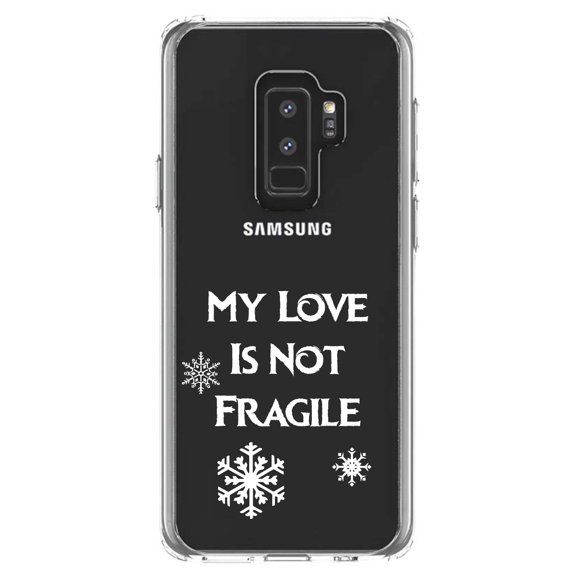 DistinctInk Clear Shockproof Hybrid Case for Samsung Galaxy S9  PLUS (6.2" Screen) - TPU Bumper Acrylic Back Tempered Glass Screen Protector - My Love Is Not Fragile - Snow Flakes