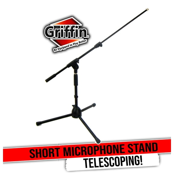 Griffin Low Profile Microphone Stand with Boom Arm - Short Mic Stand Mount for Kick Bass Drums, Desktop & Guitar Amplifiers - Small Level Telescoping Boom Holder with Tripod Legs