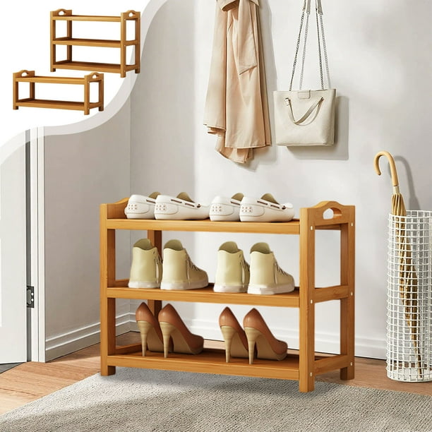 Organizador de zapatos de bambú | Armario de ahorro de espacio de varias capas para entrada, armario, dormitorio | Amarillo, 19,7"x13"x9,8", protectores laterales seguros, estante vertical compacto