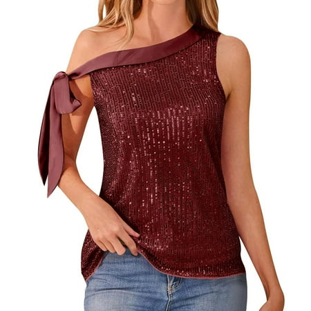 Spring Tops For Women 2025  Summer Sequin Suspender One Shoulder Tank Tops Party Evening Shiny Dressy Shirts Plus Size Tops Orders Placed By Me Dress Shirts Tank Tops Corset (3XL  Deep Red) ZMTing