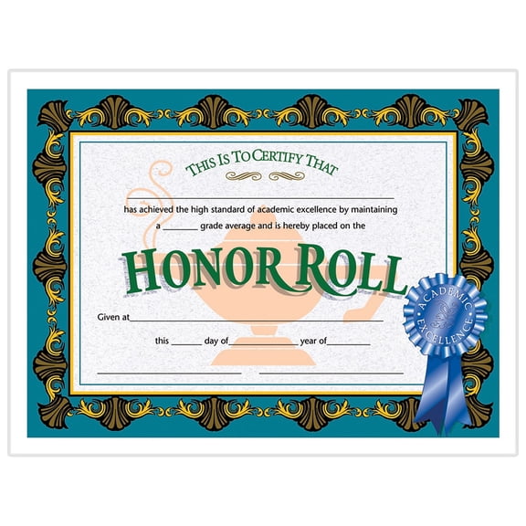 Hayes Honor Roll Certificate, 8-1/2 X 11 in, Paper, Pack of 30