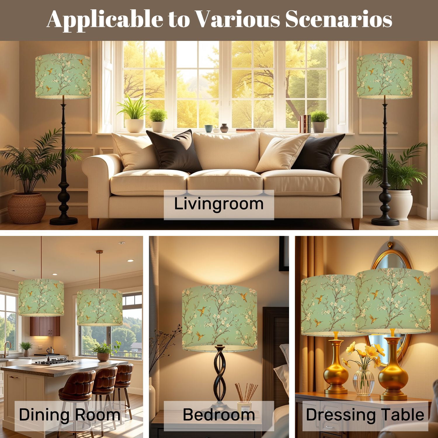 Lampshades 2 Pack Chinoiserie Floral Vintage Green Gold Birds Flowers Oriental 13"x13"x10" Light Shade for Table Lamps Floor Lamps Drum Lamp Shades Lampshade Replacement Easy Assembly