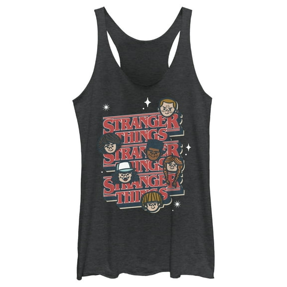 Netflix Women's Stranger Things The Gang Cartoon Logo Racerback Tank Top Black Heather Large