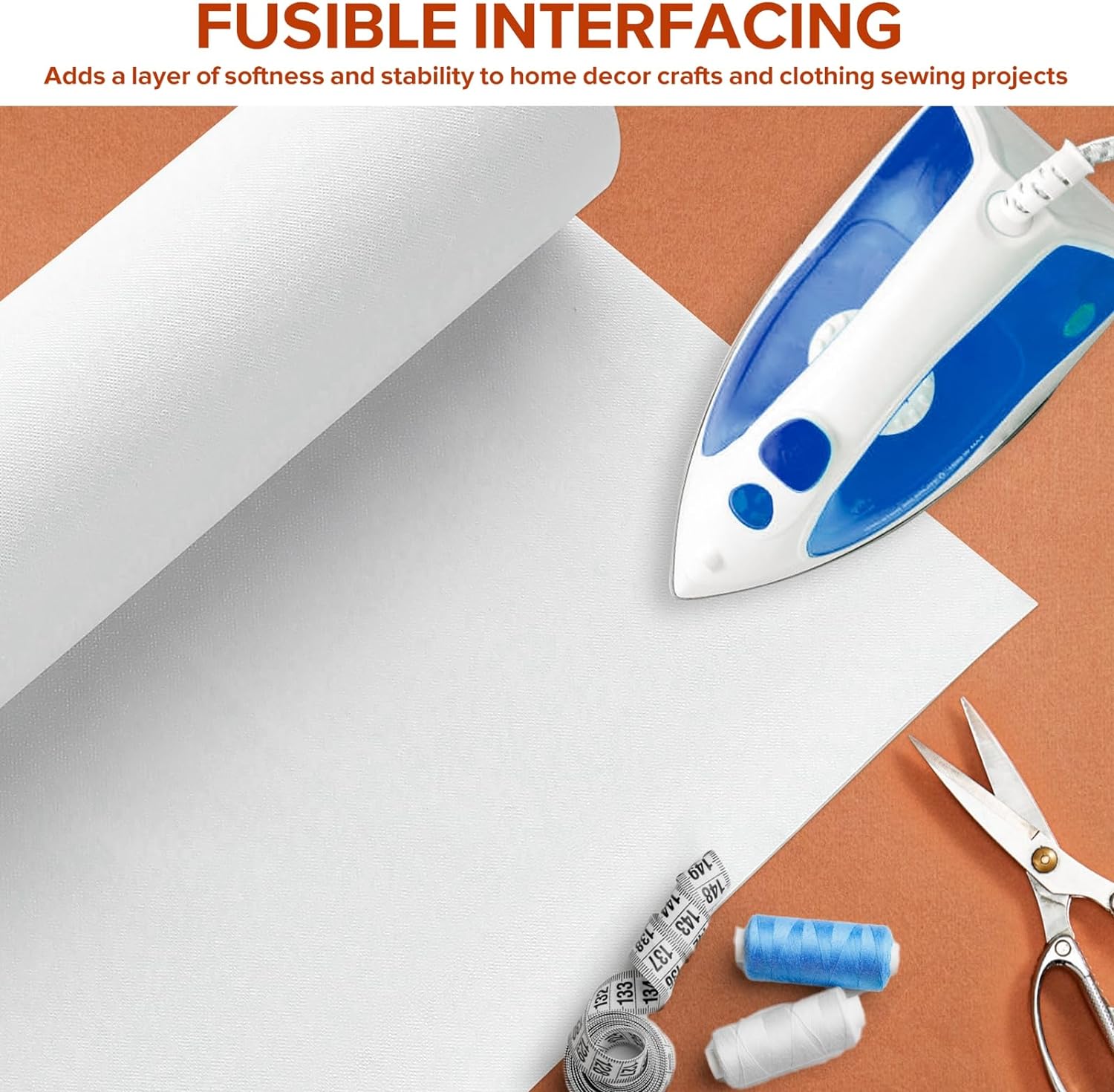 Light Weight 17in x 30yd White Iron On Non-Woven Fusible Interfacing, Single-Sided Polyester Fabric for DIY Craft Supplies, Quilting, Sewing, Shirt Plackets, Dresses, Collars, Cuffs