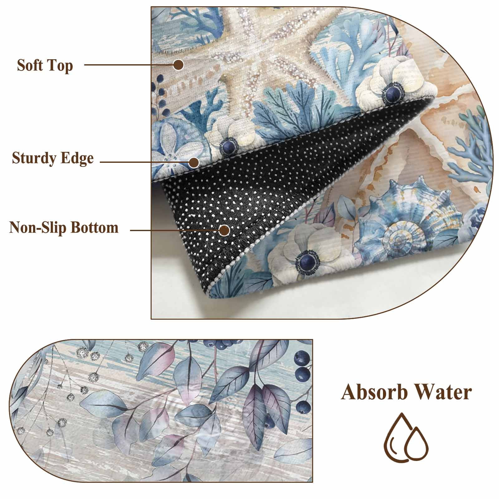 2x3 Ft Entryway Area Rug, Blue Beige Coastal Kitchen Rug Runner Washable Floor Mat, Beach Starfish Summer Eucalyptus Vintage Non Slip Indoor Door Mat Throw Carpet for Bathroom Living Room Bedroom