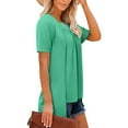 thumbnail image 6 of JTZGDY Summer Tunic Tops for Women to Hide Belly Fake Two Piece Short Sleeve Casual Solid Color V Neck Ruched Pleated T-Shirts Loose Flowy Layered Blouse for Leggings Green XL, 6 of 9