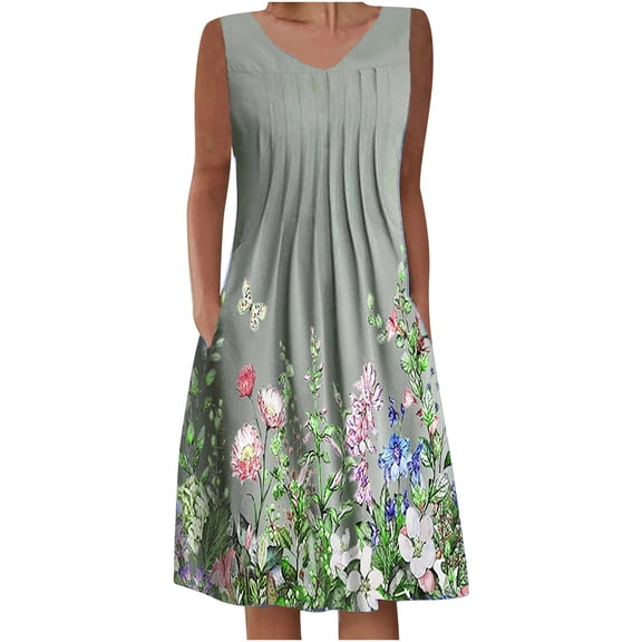 JINMGG 2023 Summer Clearance Dresses under $10.00 Women's Summer Casual Round Neck Sleeveless Folding with Pocket Printed Dresses